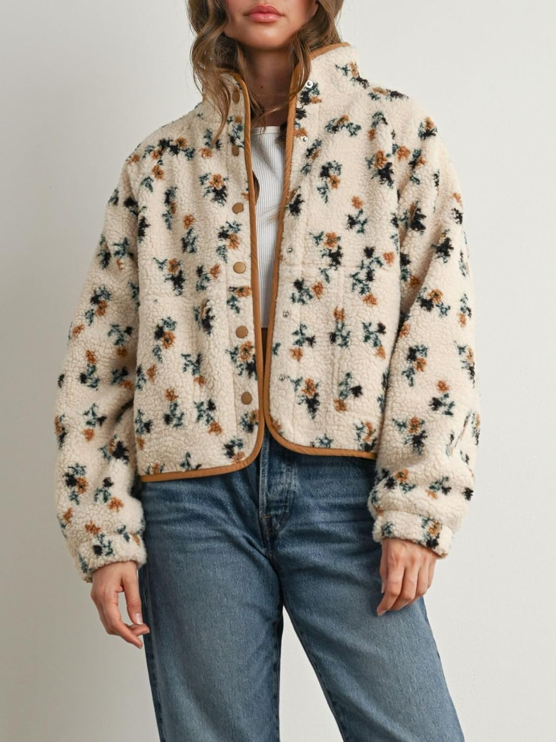 Floral teddy fleece jacket, cream with multicolor flower print, zip-style snap front