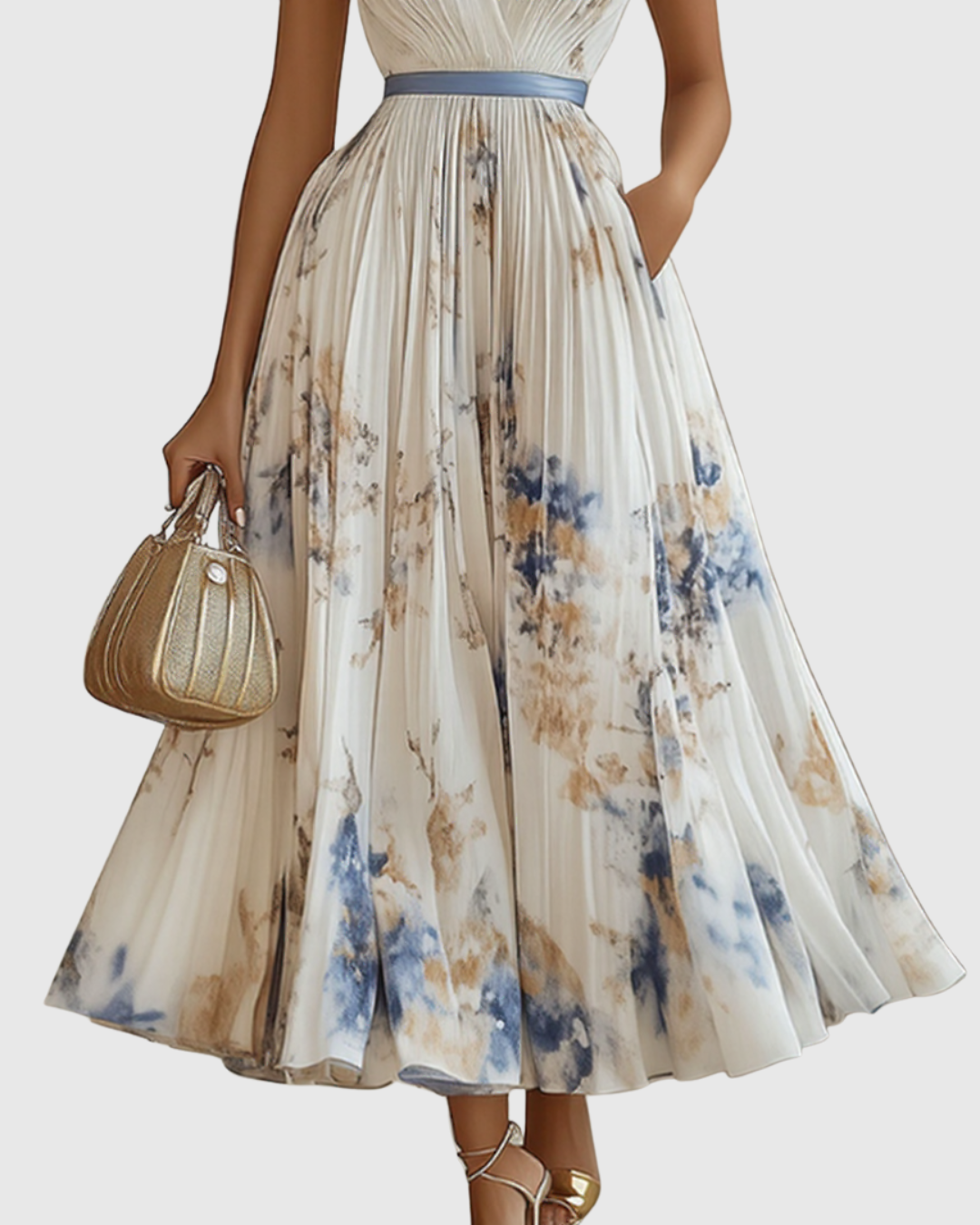 Pleated maxi dress, sleeveless V-neck bodice with white blue floral pleated skirt