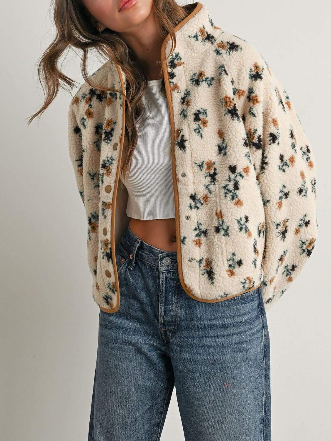 Floral teddy fleece jacket, cream with multicolor blooms, snap front with brown piping