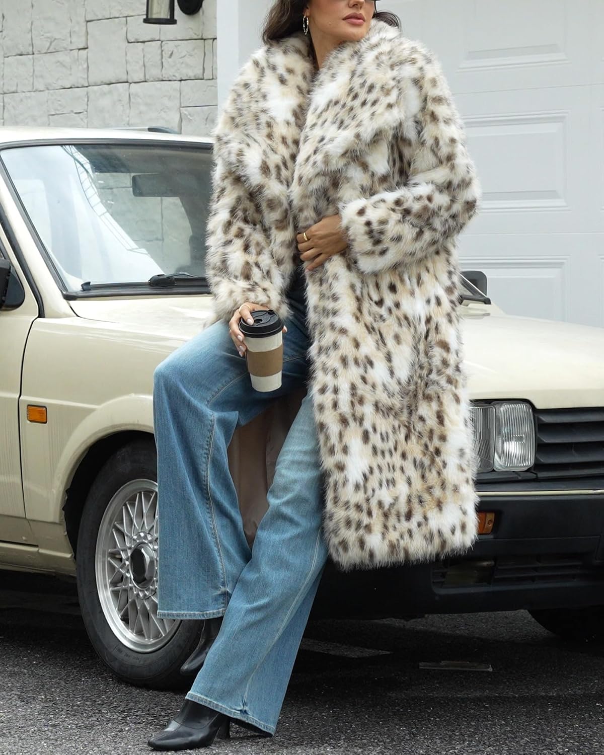 Full-length cream faux fur coat with brown and black spots and open front