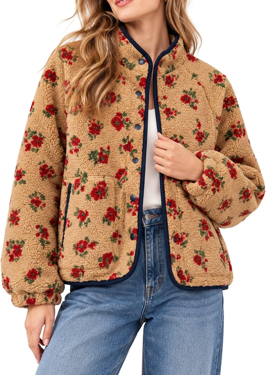 Floral sherpa jacket, tan with red rose print, blue edging, snap front and ribbed cuffs