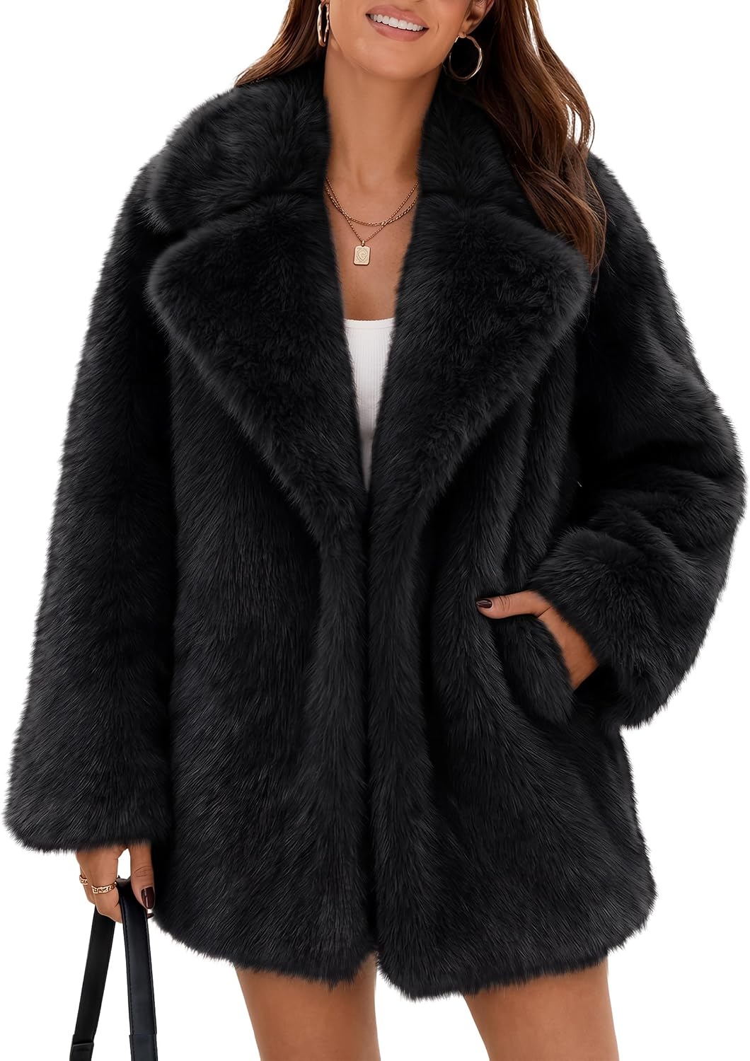 Black faux fur coat with oversized lapels and mid-thigh hem