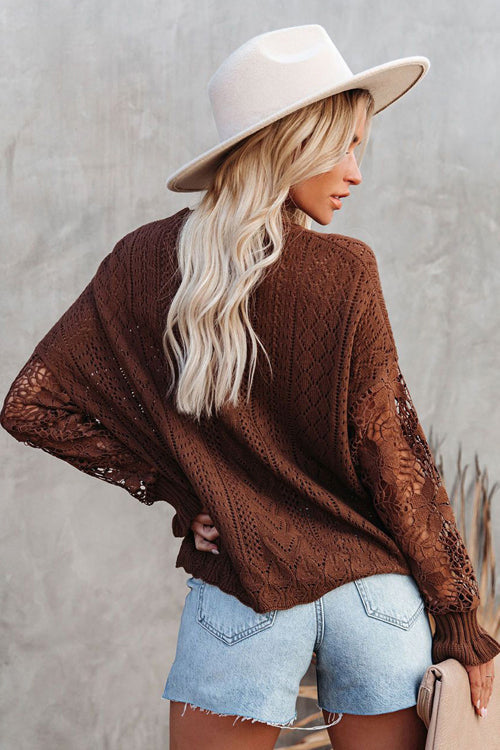 Brown lace hollow-out knit sweater with balloon-like long sleeves and ribbed cuffs