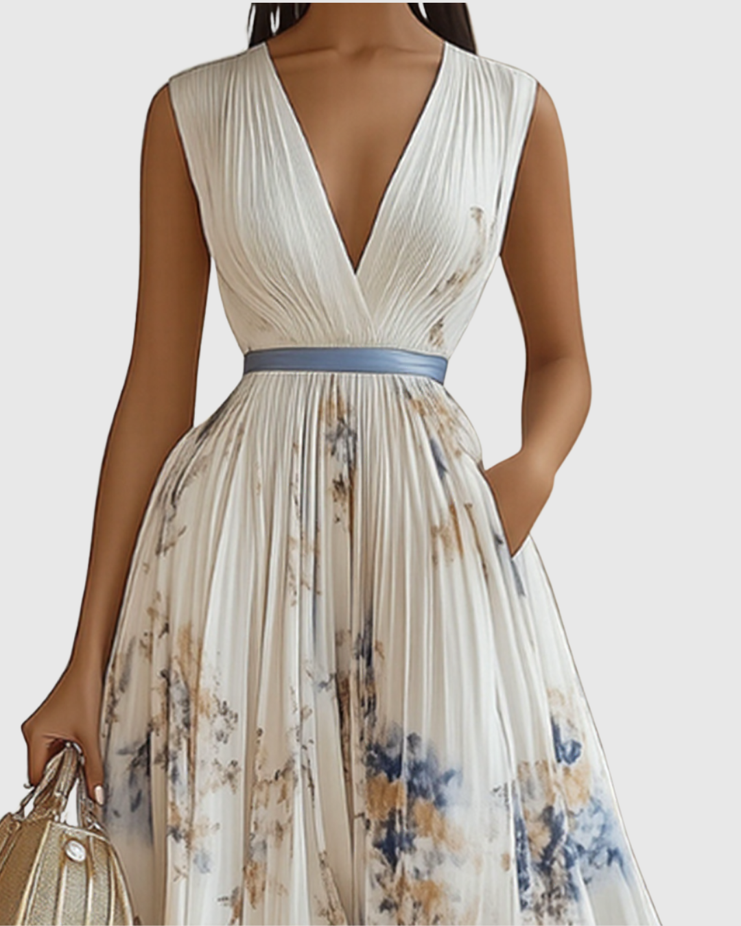 Pleated maxi dress, sleeveless deep V-neck bodice and white blue floral skirt