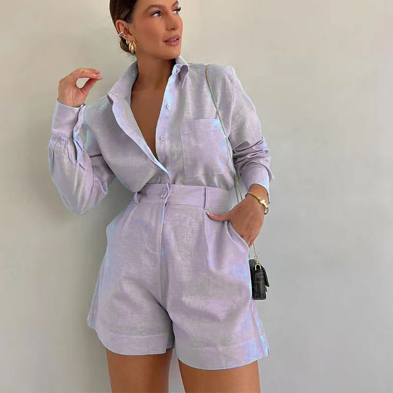 Lavender linen long-sleeve button shirt with high-waist belted shorts set
