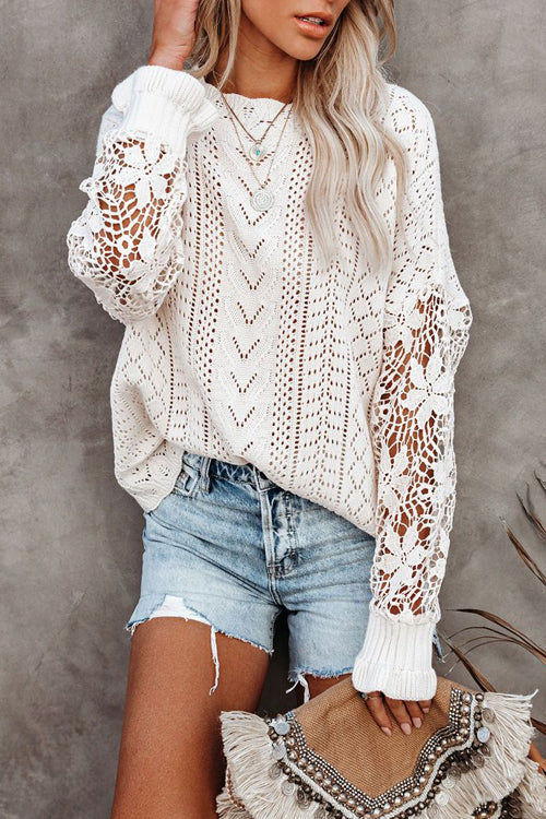 White lace hollow-out knit sweater with long lace sleeves and textured chevron pattern