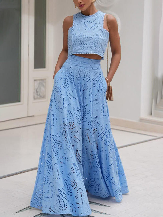 Light blue eyelet lace high-waist maxi skirt, full A-line flare with vertical cutout details