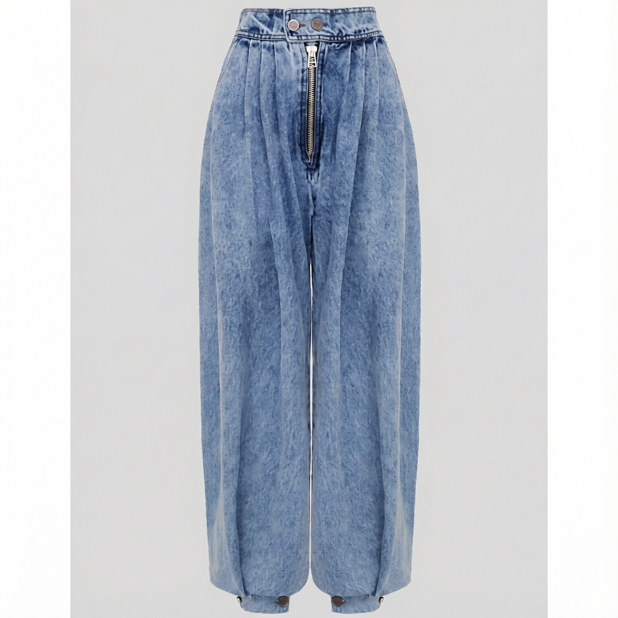 Light blue denim balloon-leg jeans with front pleats, zip fly, and button waist