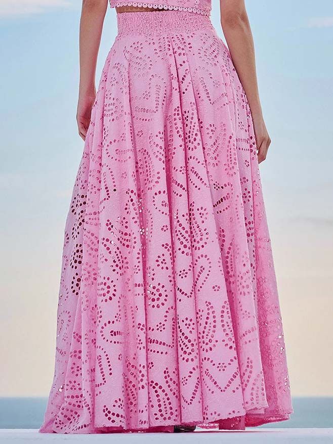 Pink eyelet lace high-waist maxi skirt, full A-line flare with allover cutout motifs