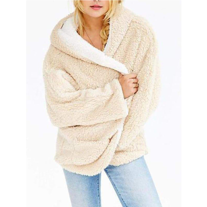 Cream sherpa hooded jacket, open front with sleeves and soft fleece hood