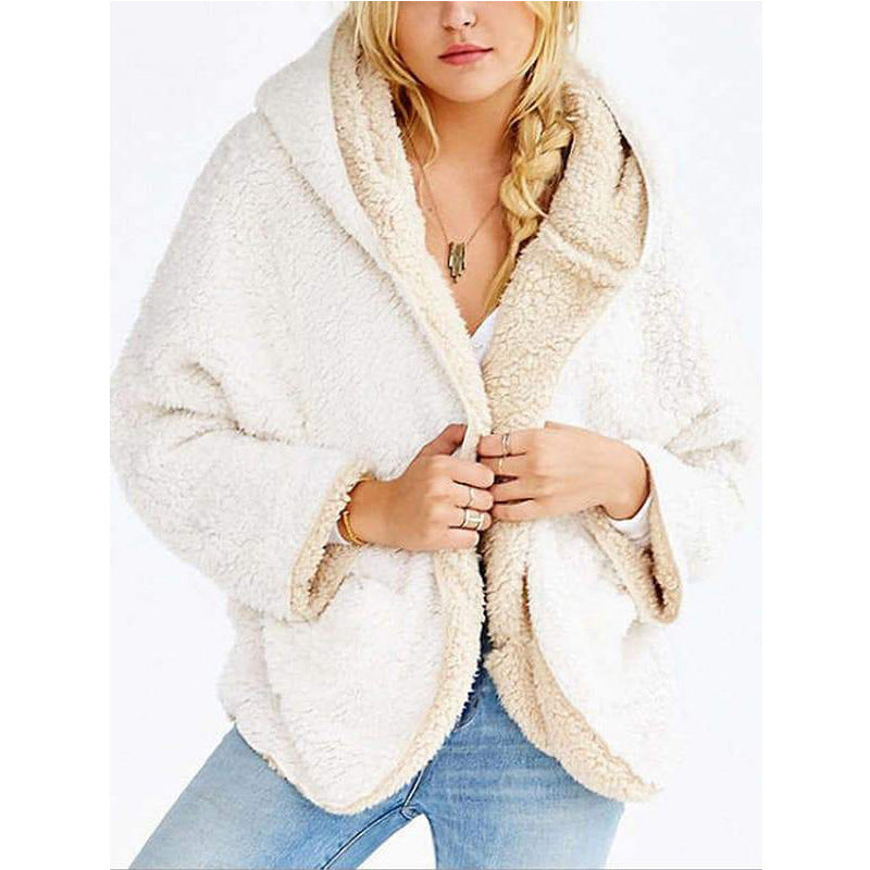 Cream sherpa hooded jacket with open front and long sleeves, cozy fleece texture