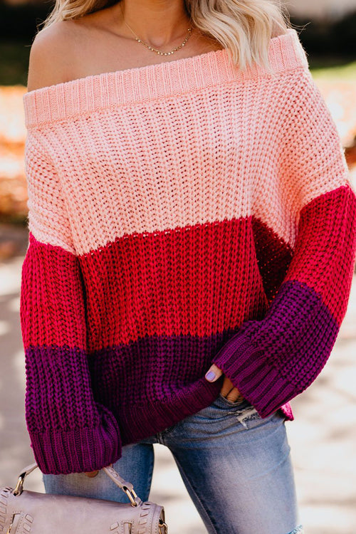 Striped knit off-shoulder sweater in pink, deep red, and dark plum with ribbed hem