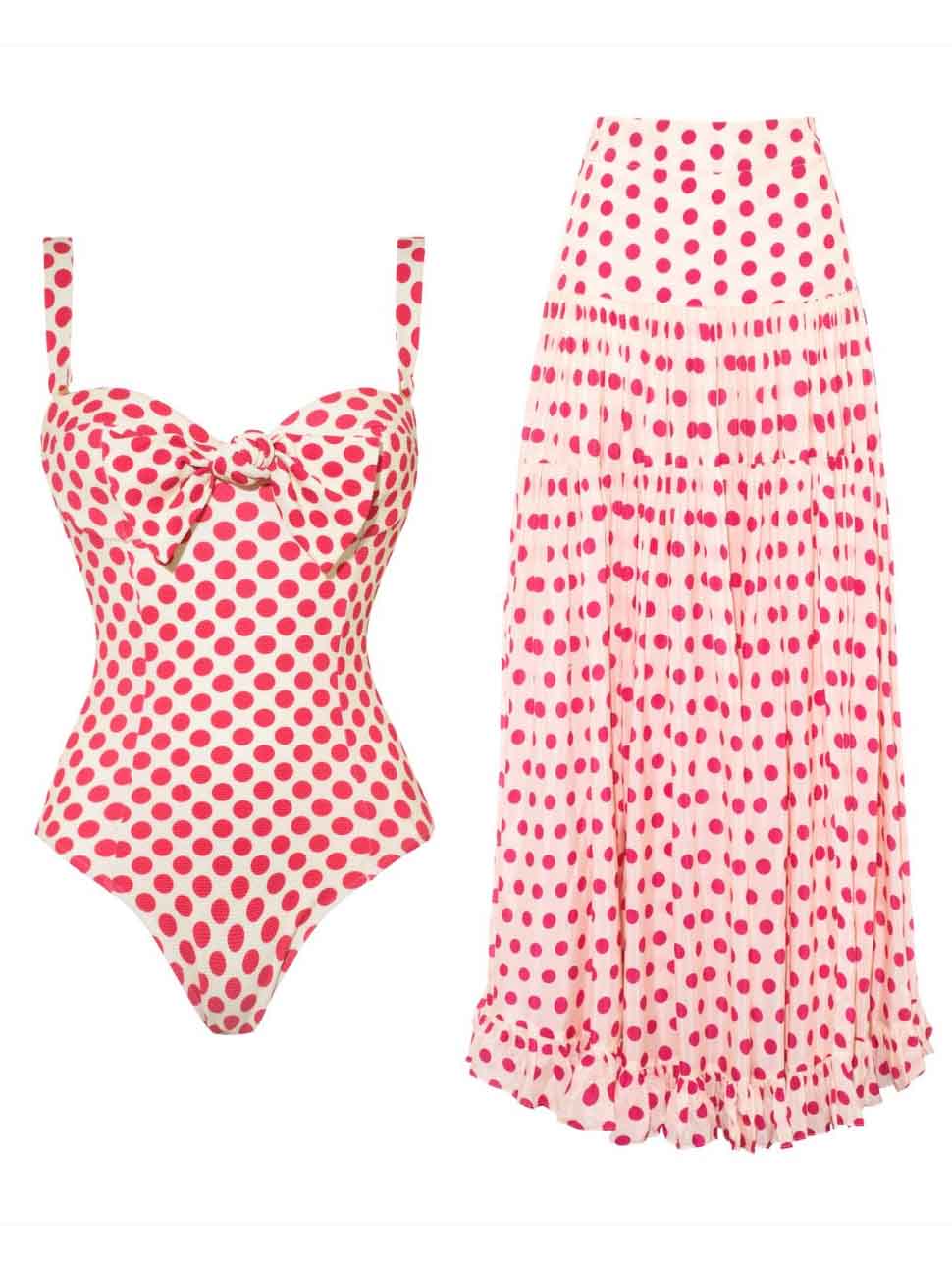 Pink heart-print strapless tiered maxi dress, with bow detail at bust and ruffle hem.