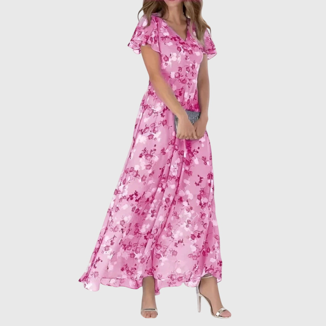 Light pink floral wrap midi dress with flutter sleeves and V-neck, gathered skirt