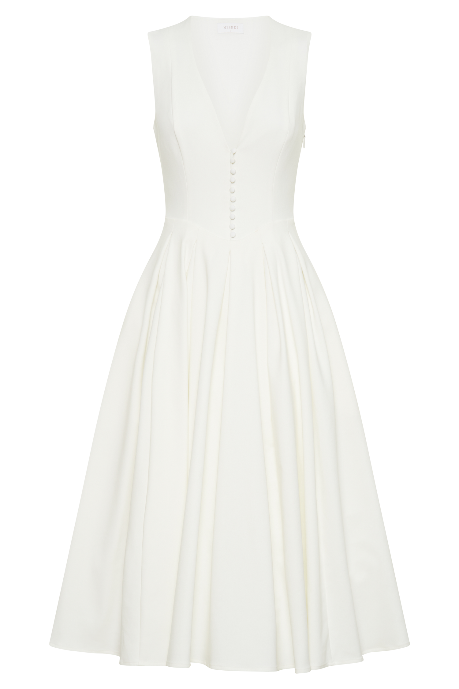 White satin A-line midi dress, sleeveless deep V, vertical button placket and pleated skirt