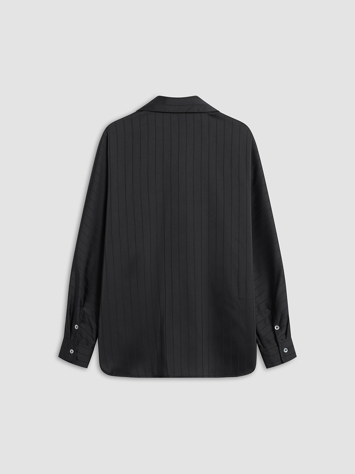 Black satin button-front blouse back view with tonal vertical stripe, long sleeves