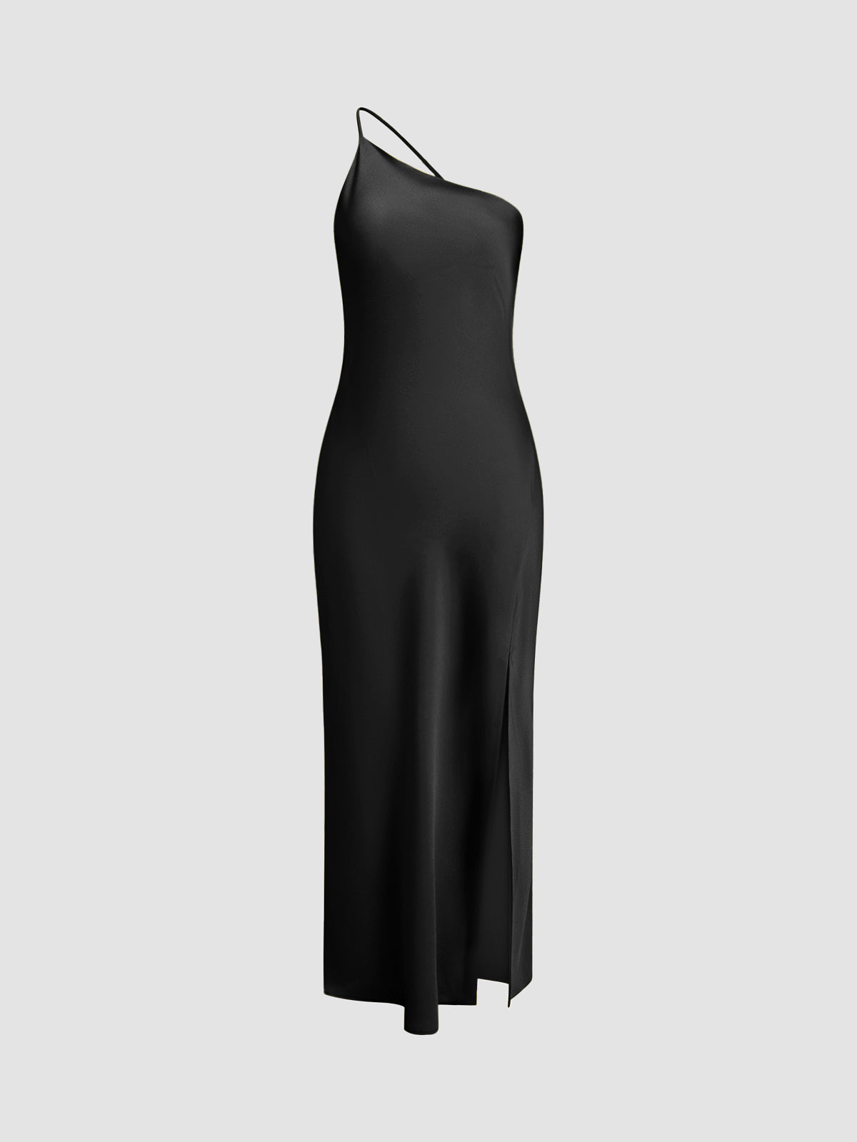Black satin one-shoulder maxi slip dress with cowl neckline and long hem