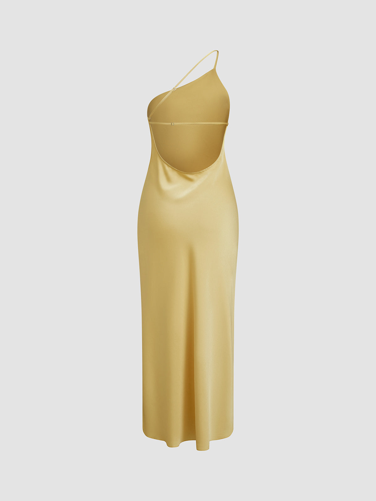 Yellow satin backless maxi slip dress with thin straps and cowl-back neckline