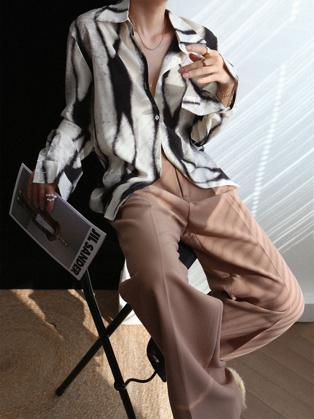 Abstract ink print satin blouse, long sleeves and button front, slightly oversized fit