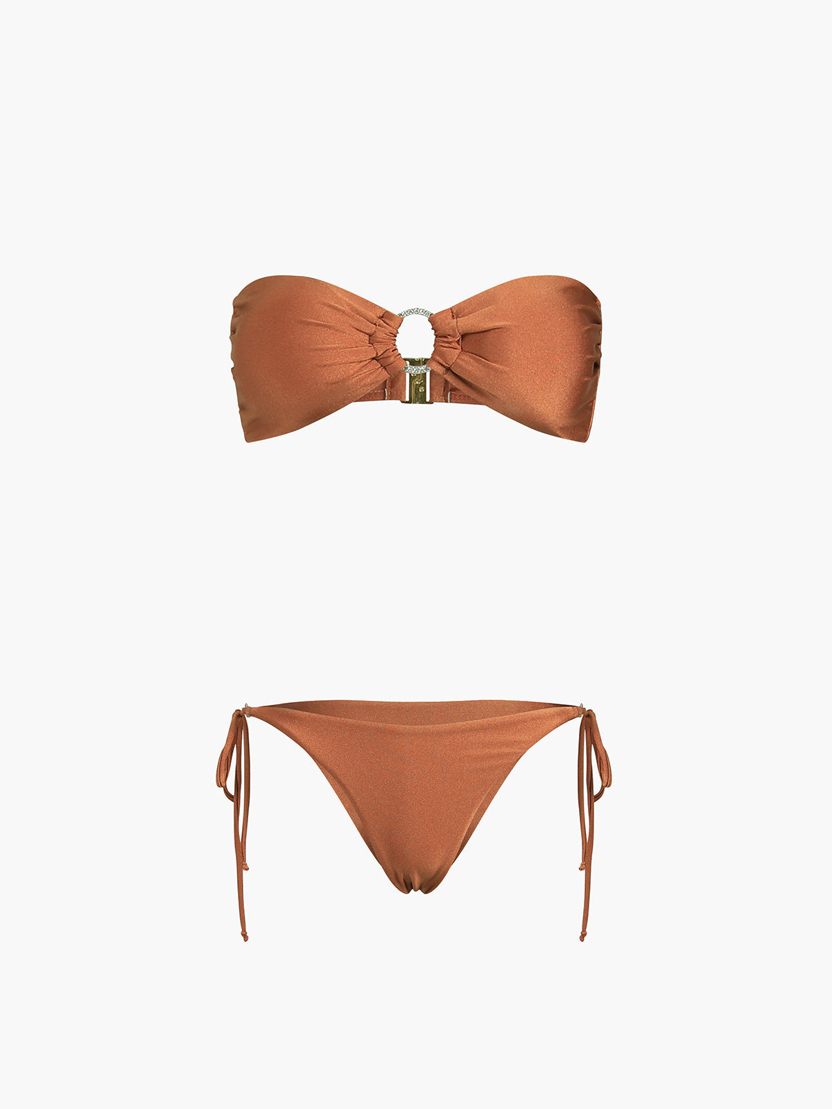 Metallic satin bikini set: ruched strapless bandeau with O-ring bow center, tie-side bottom