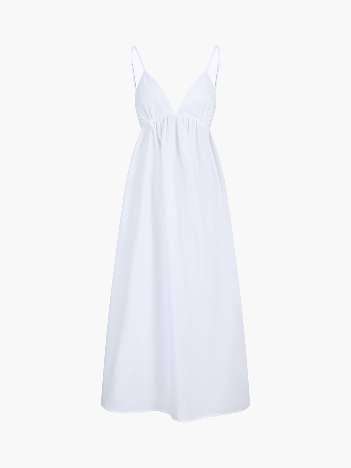 White viscose maxi dress with spaghetti straps, deep V front, and gathered skirt