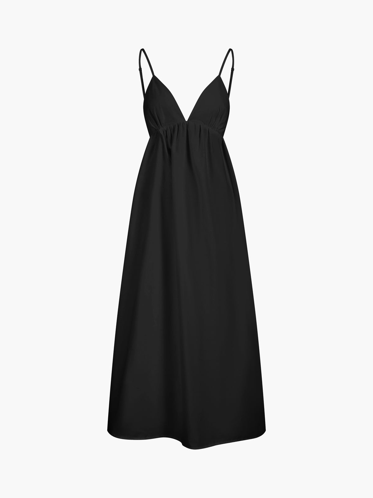 Black viscose maxi dress with spaghetti straps and V-neck, gathered waist