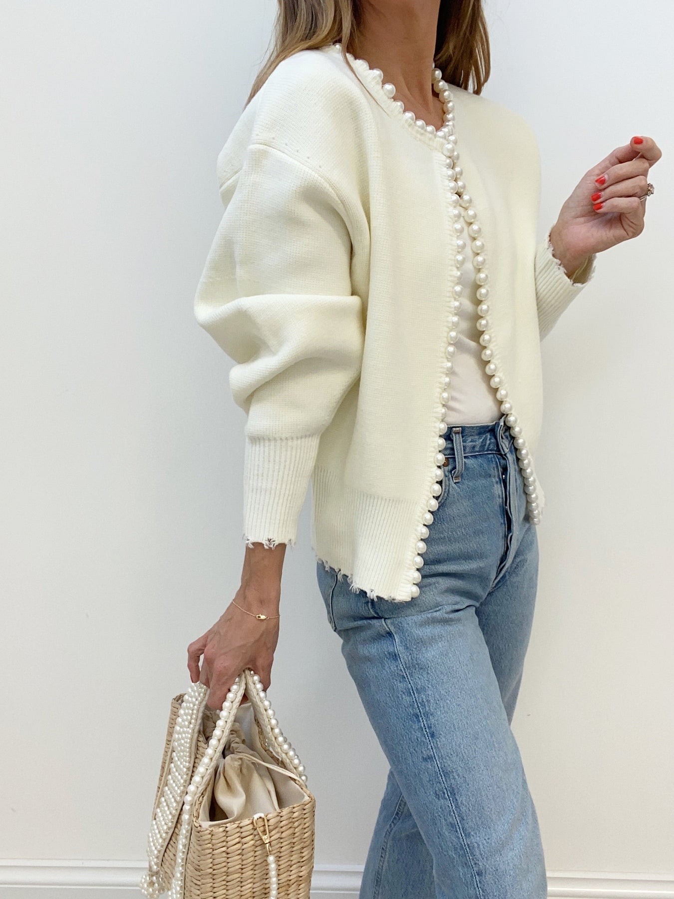 Women’s cream open-front cardigan with pearl trim detail and ribbed hem, relaxed fit