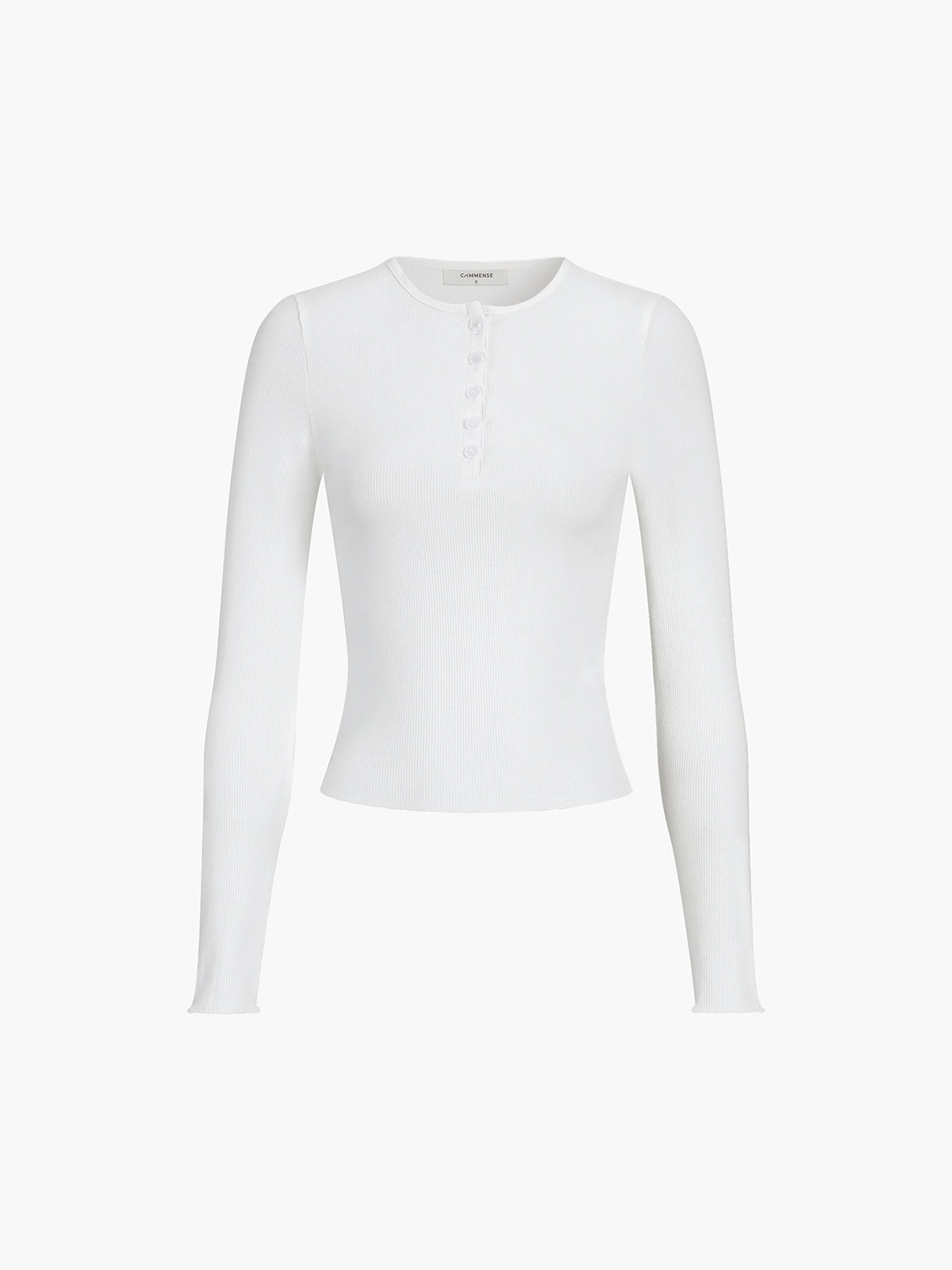 White slim-fit ribbed knit long-sleeve henley top, front view