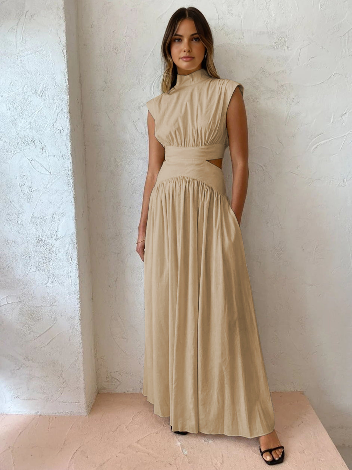 Khaki sleeveless mock-neck maxi dress with ruched bodice and gathered full skirt