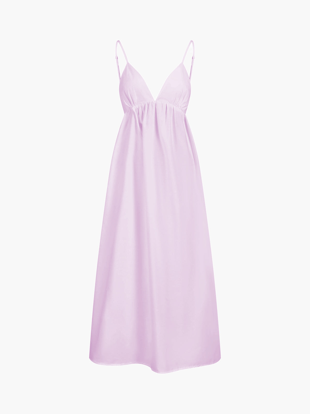 Purple viscose maxi dress with spaghetti straps and V-neck, gathered waist