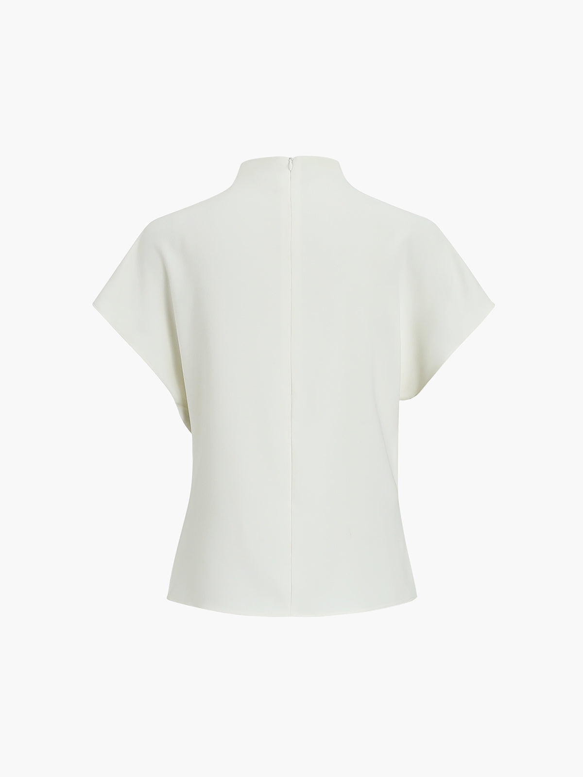Off-white short-sleeve cowl-neck top with asymmetric drape, back view