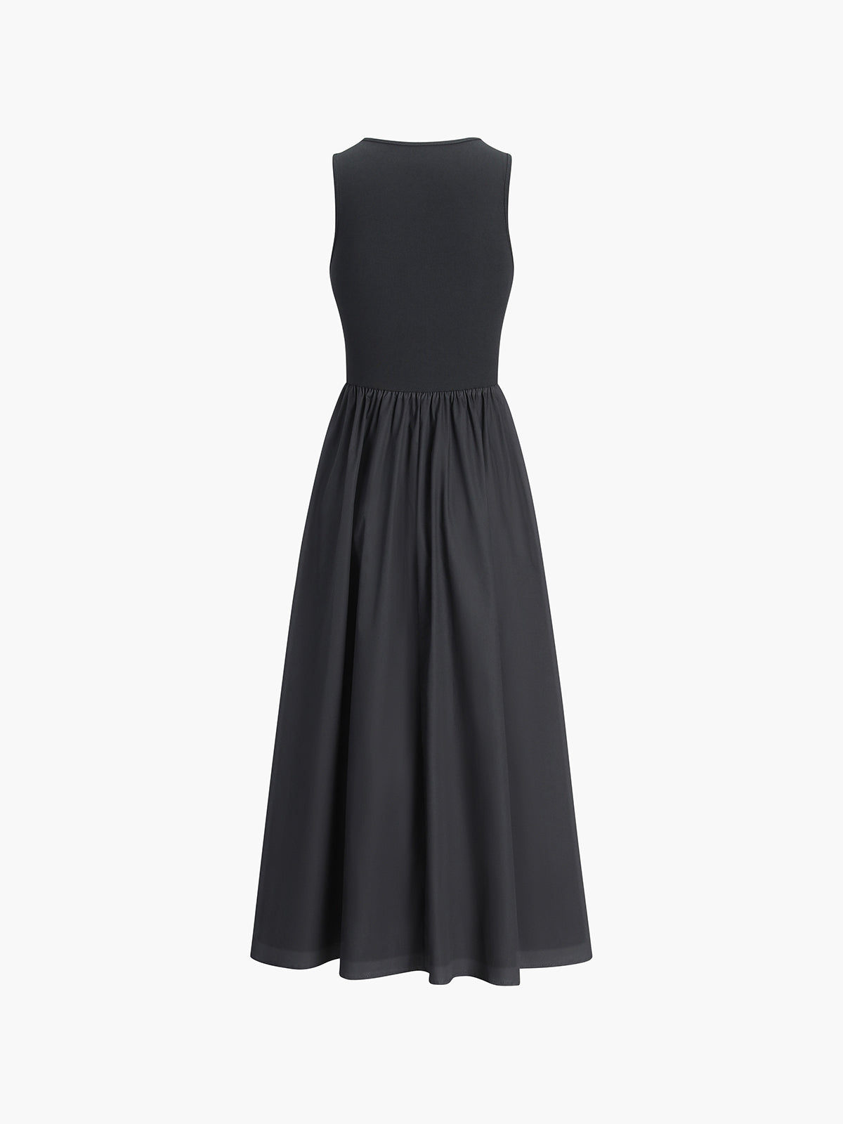 Black cotton sleeveless midi dress with ribbed bodice and flowing gathered skirt