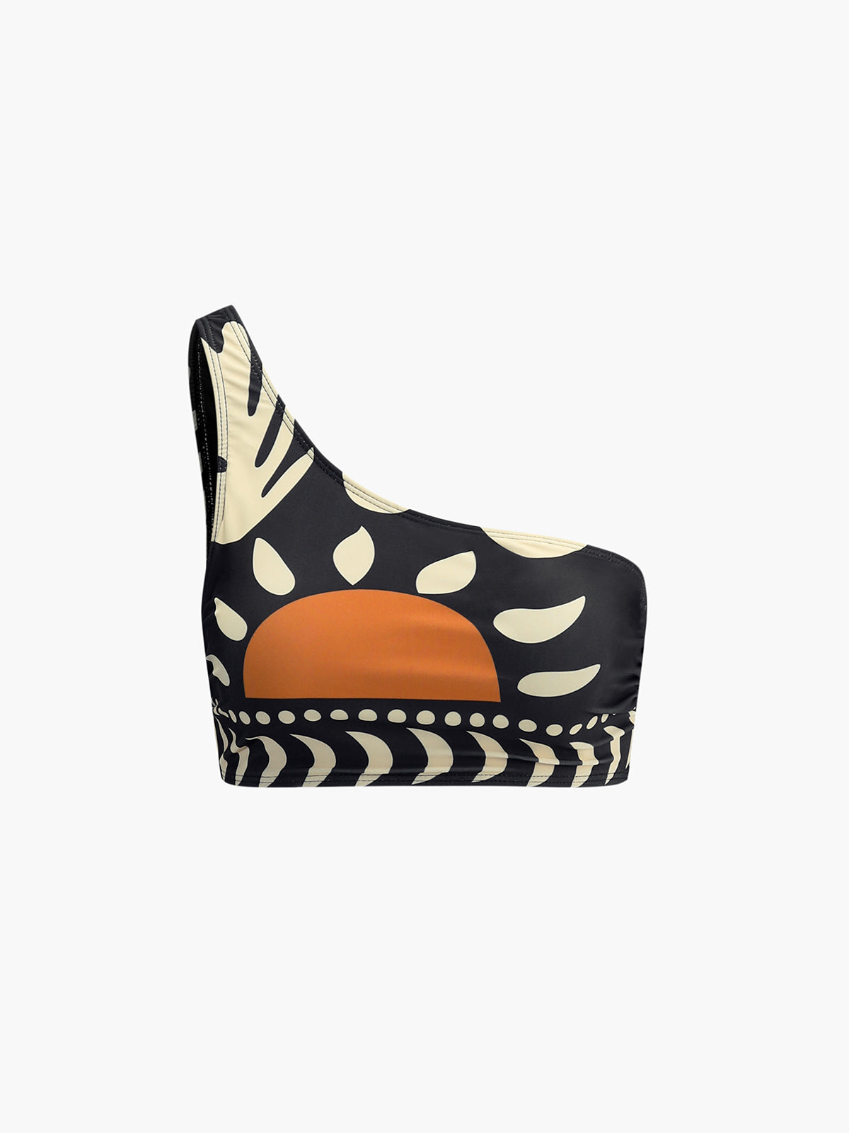 High-waist bikini bottom in black with full-coverage fit and retro orange-and-cream print