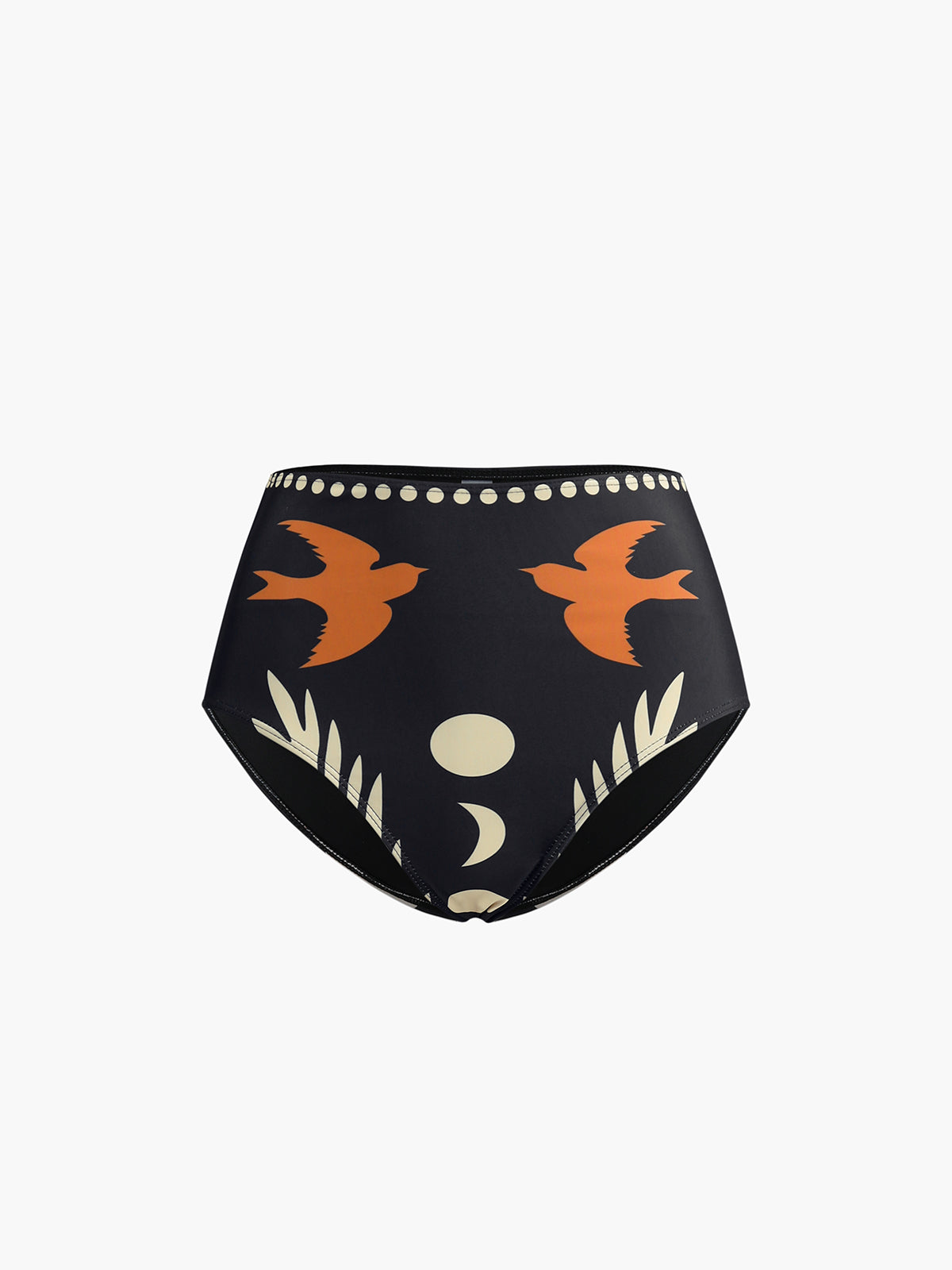 Bikini brief bottom in black with orange fish and cream sun/moon motifs