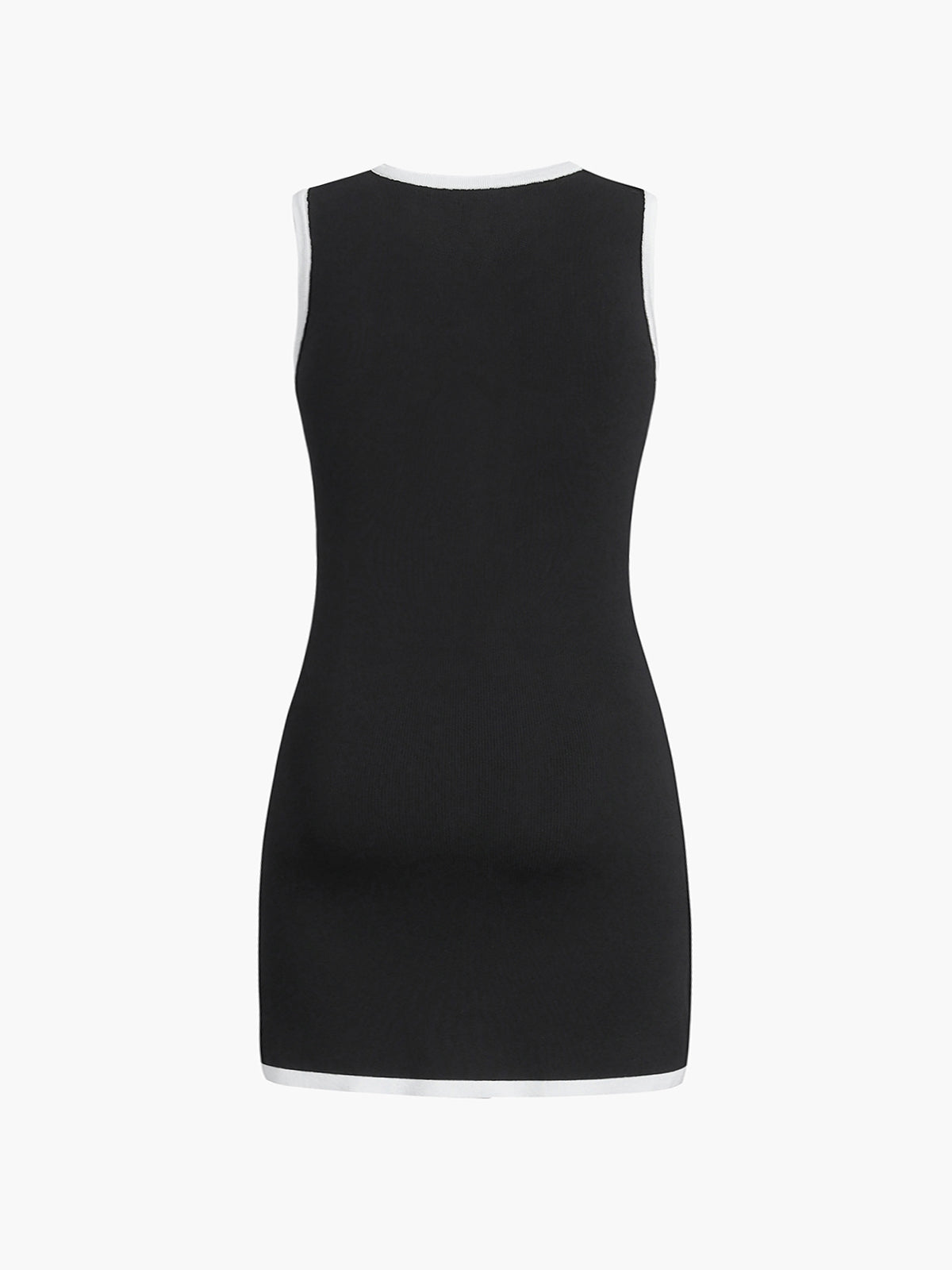 Black sleeveless knit mini dress with white crew neckline and hem trim; no front buttons visible