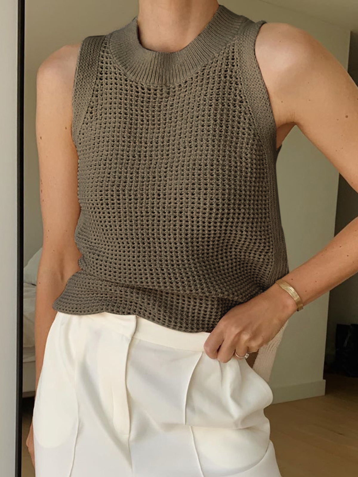 Brown open-knit cotton tank top, sleeveless with ribbed crew neck and textured crochet knit