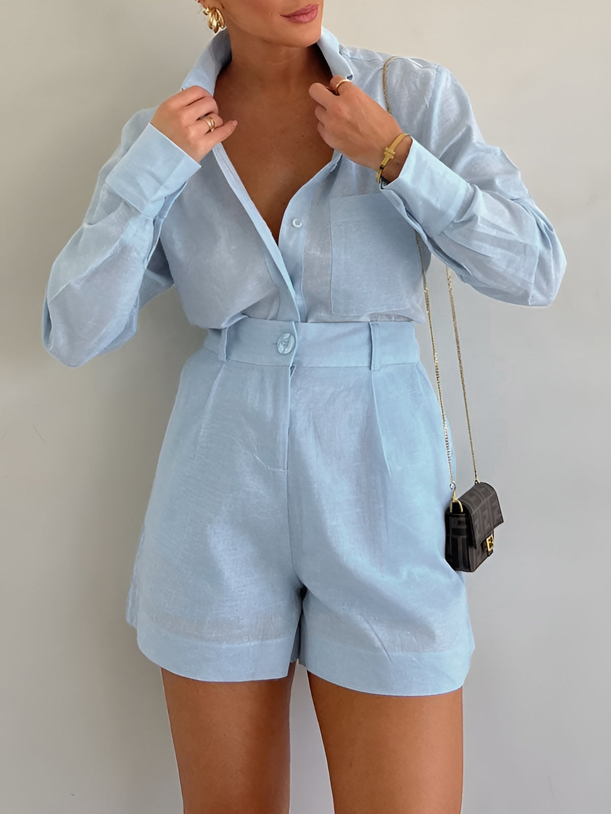 Light blue linen belted shirt and high-waist shorts set, long sleeves