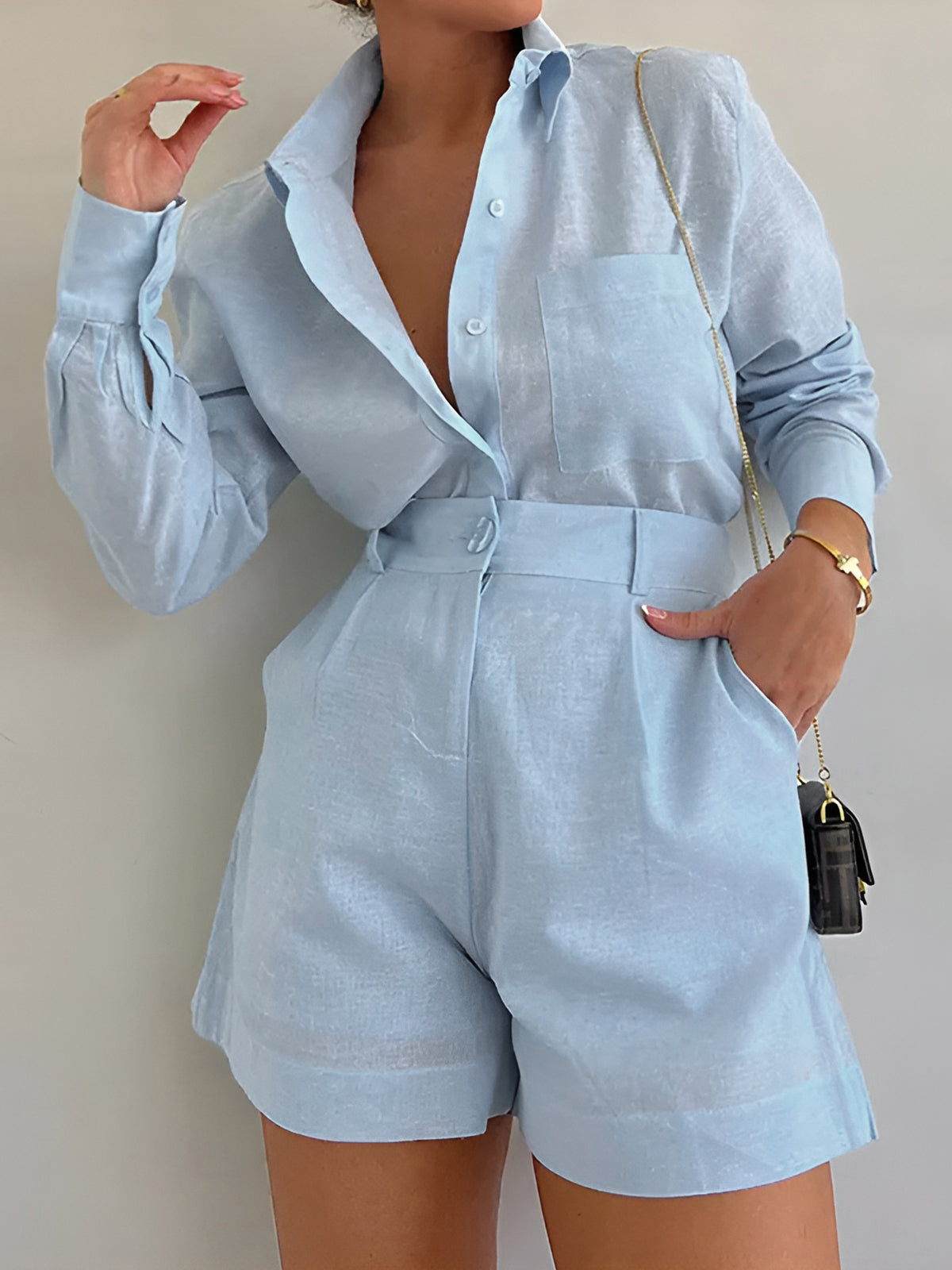 Light blue linen long-sleeve button shirt and belted high-waist shorts set