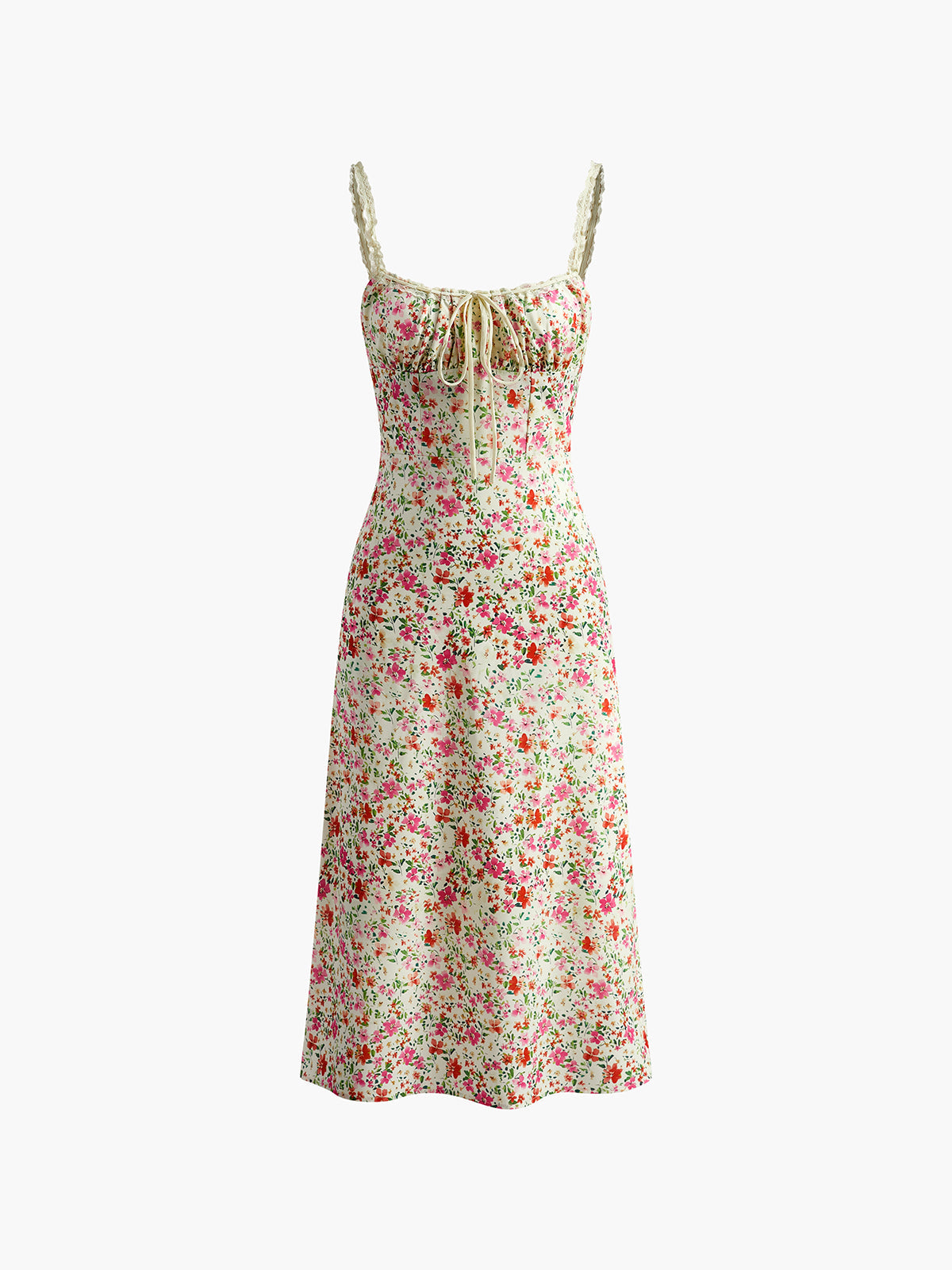 Floral smocked midi dress, sweetheart neckline, and lace spaghetti straps