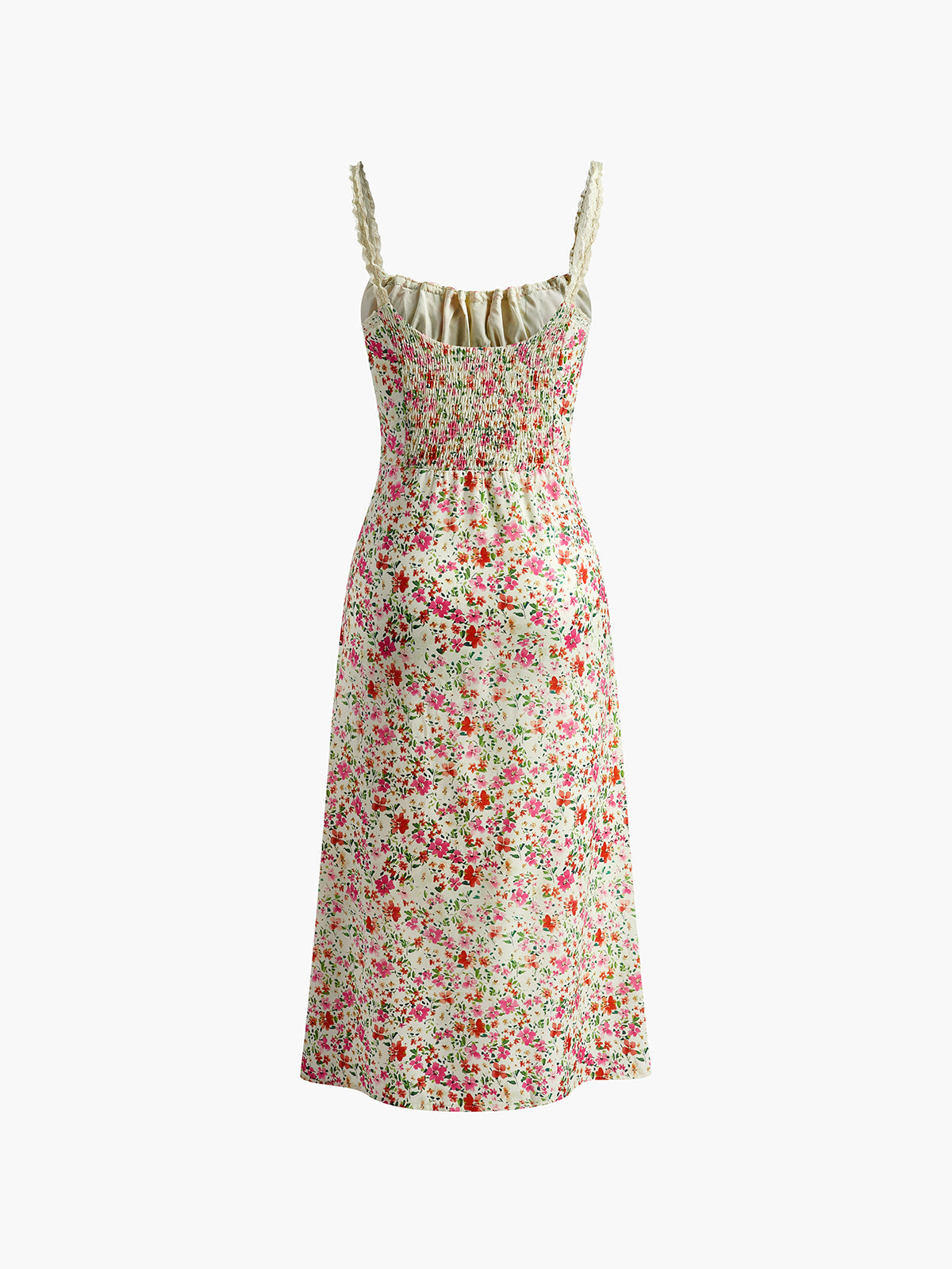 Floral smocked midi dress with ruched bodice, drawstring detail, and lace straps