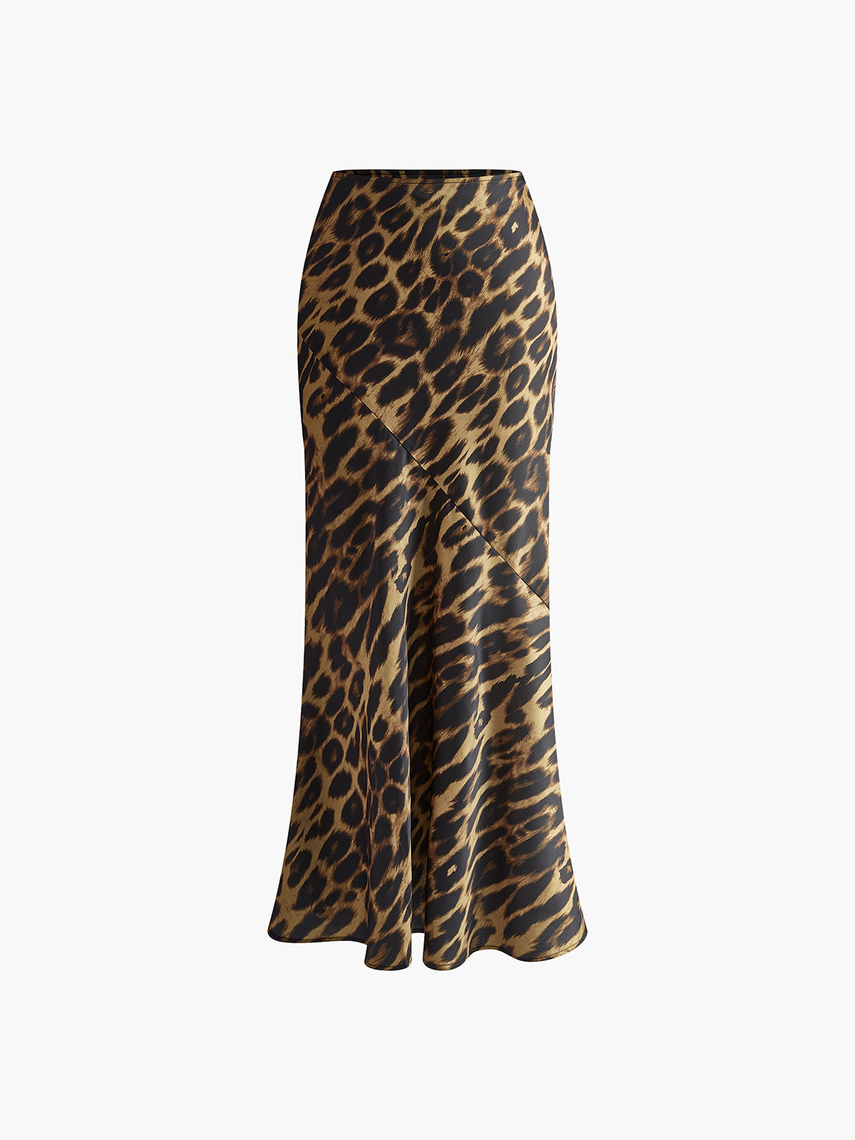 Leopard print maxi skirt, fitted waist and flowing flare hem