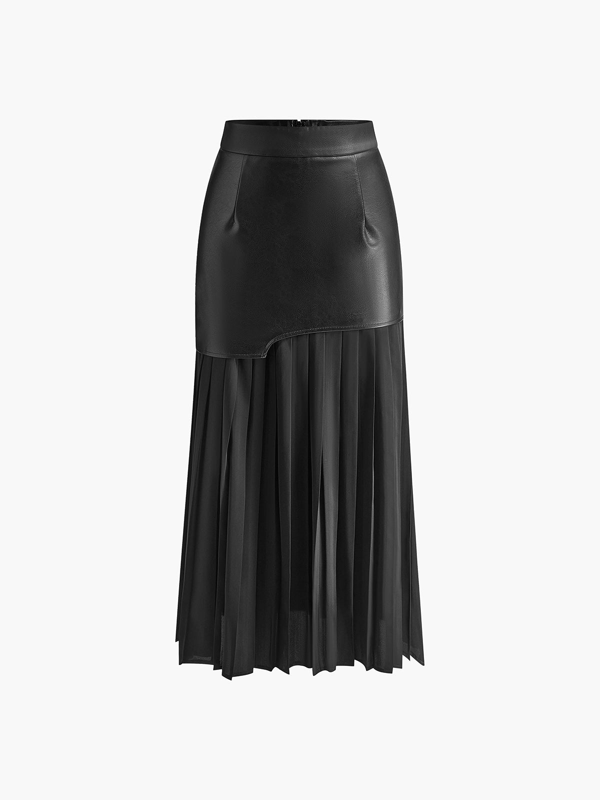 Black leather maxi skirt with pleated panels and curved overlay at waist