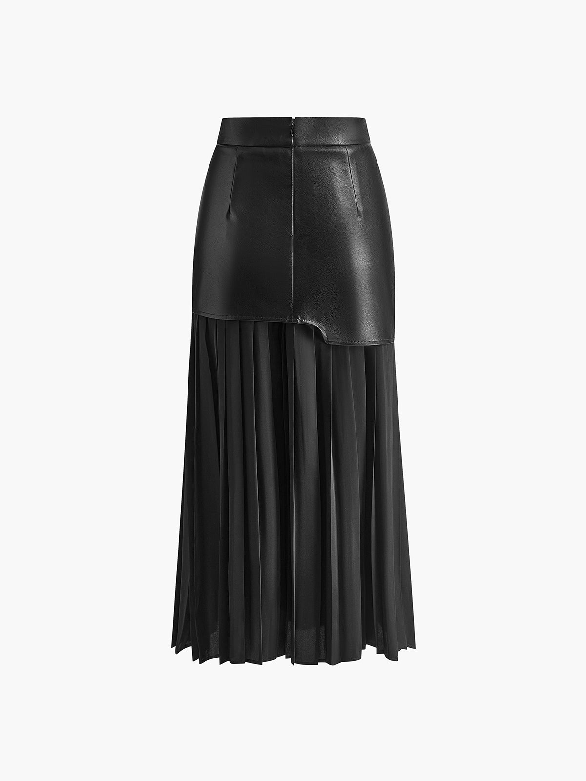 Black leather maxi skirt with pleated panels and asymmetric front overlay
