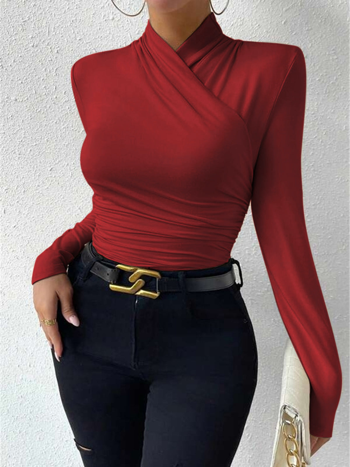 Red mock neck long-sleeve wrap top with ruched waist crossover front