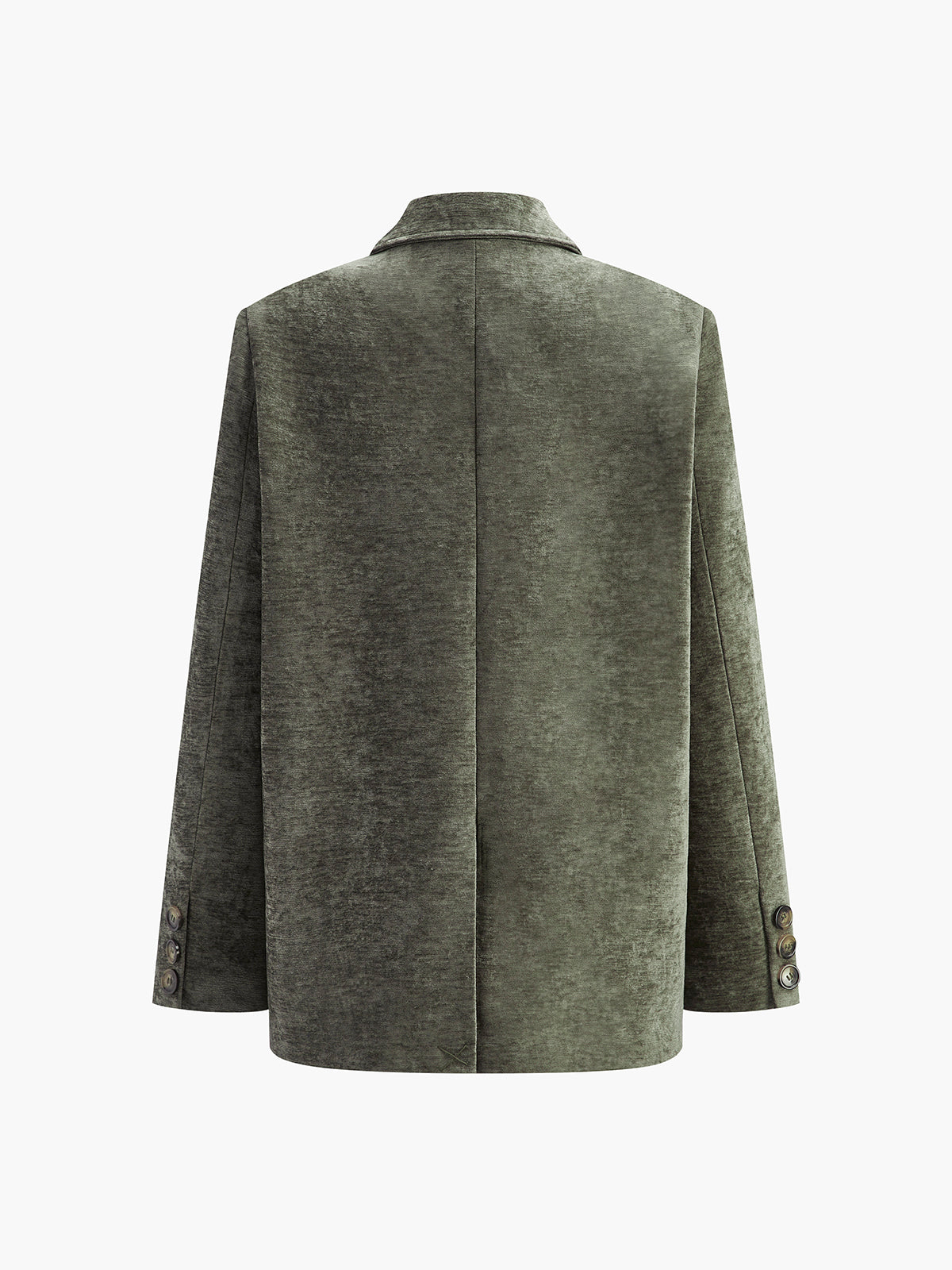 Women’s velvet double-breasted blazer with gold buttons, green, back view