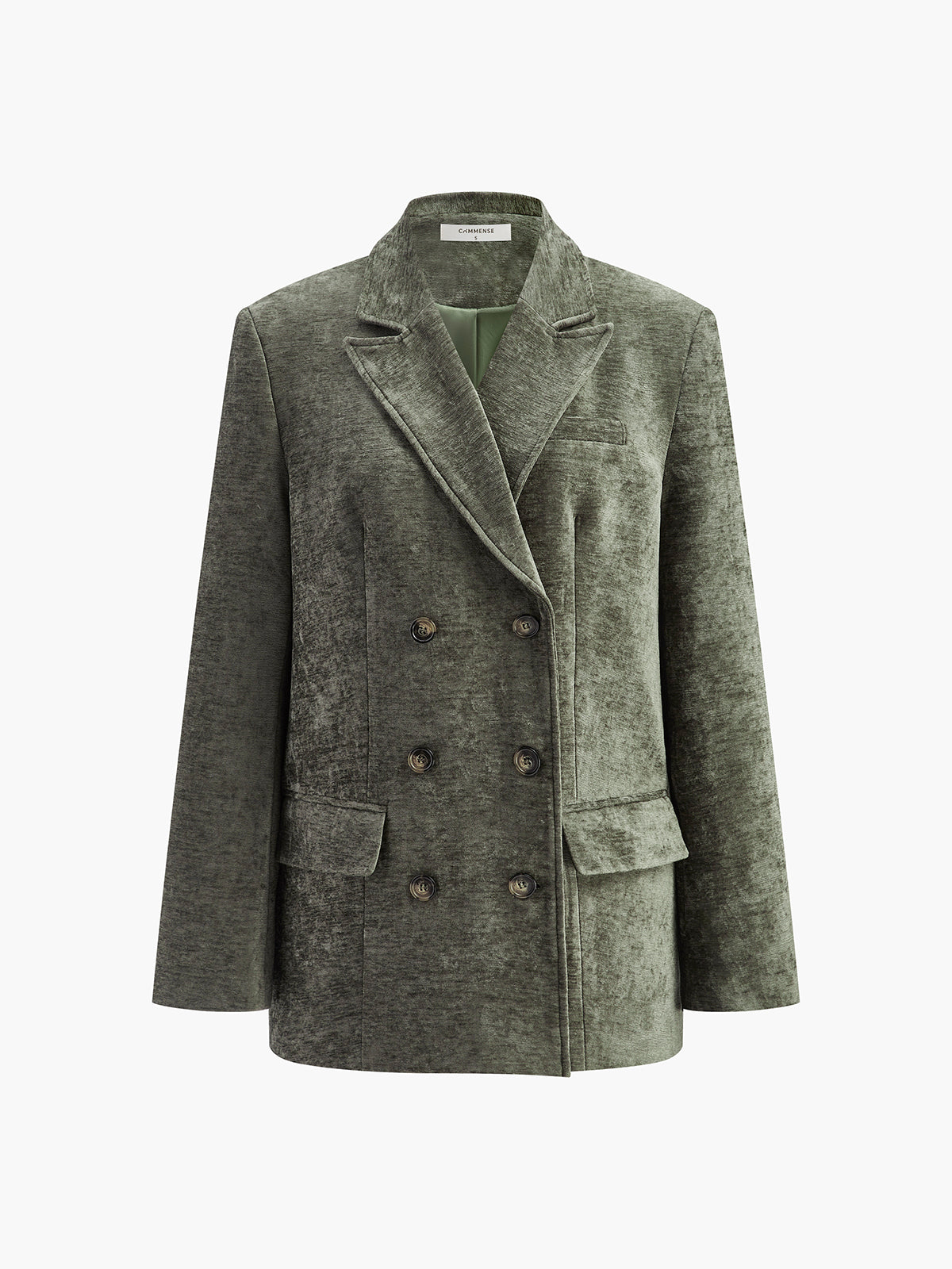Women’s velvet double-breasted blazer with gold buttons, green, front view