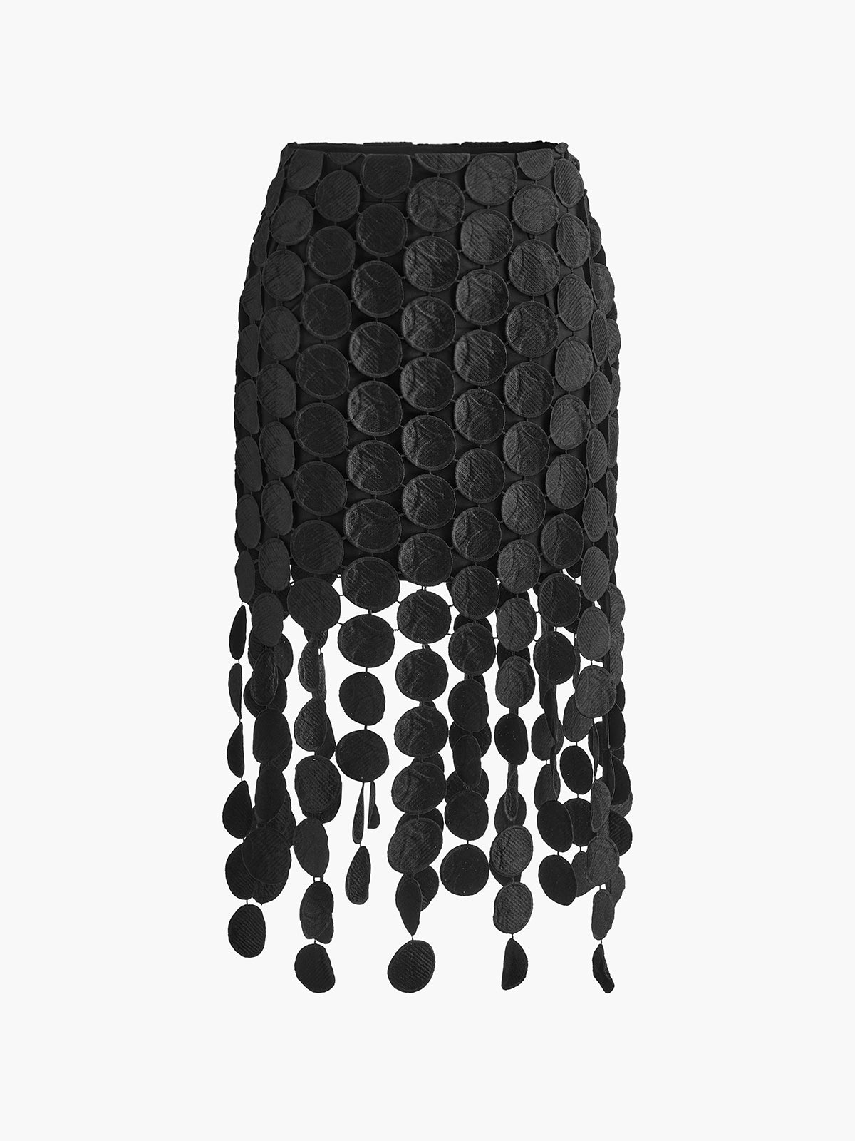 Black high-waist mesh midi skirt with circular disc overlay, straight front
