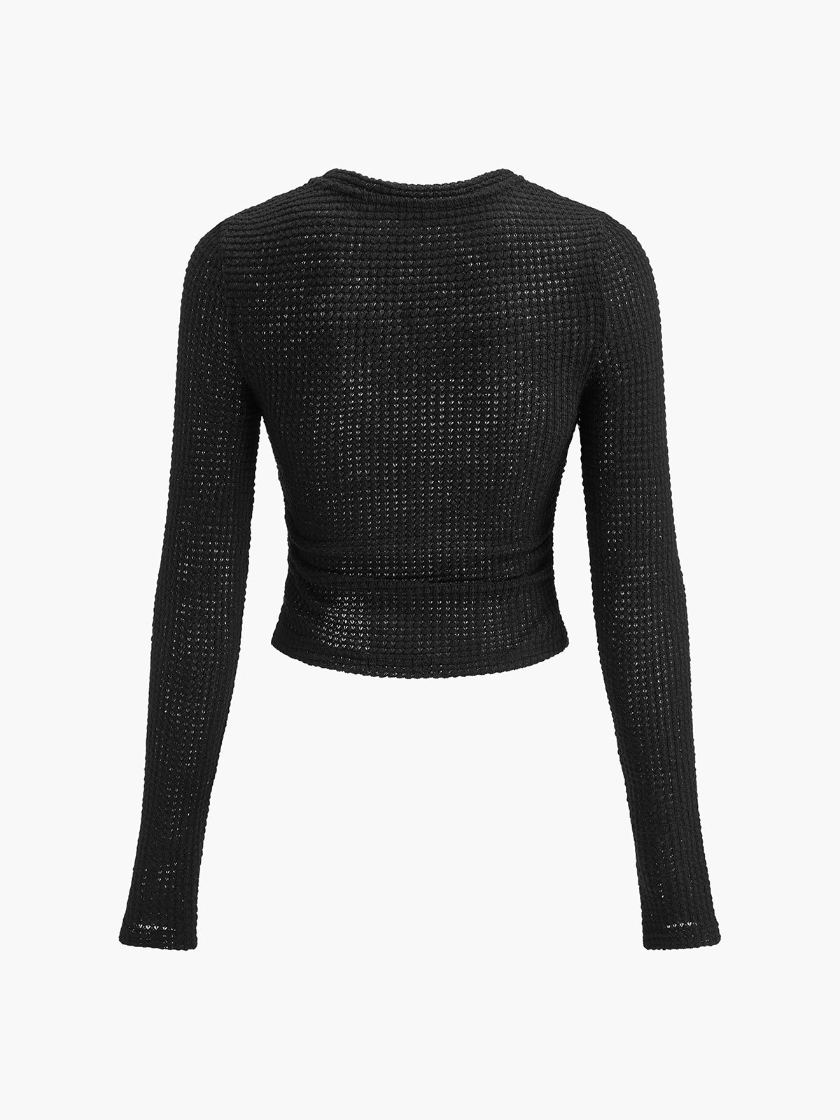 Black waffle knit long-sleeve crop top with ruched hem, slim fit