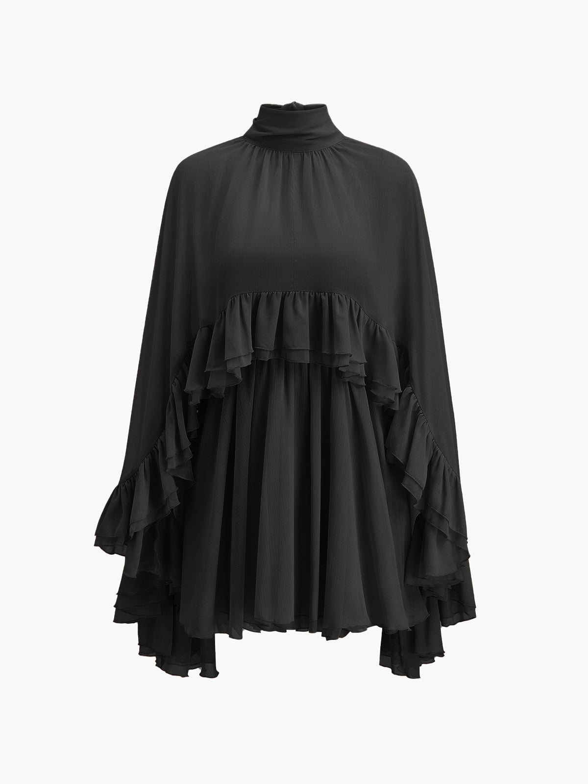 Black chiffon mini dress with high neck, cape sleeves, and tiered ruffle skirt