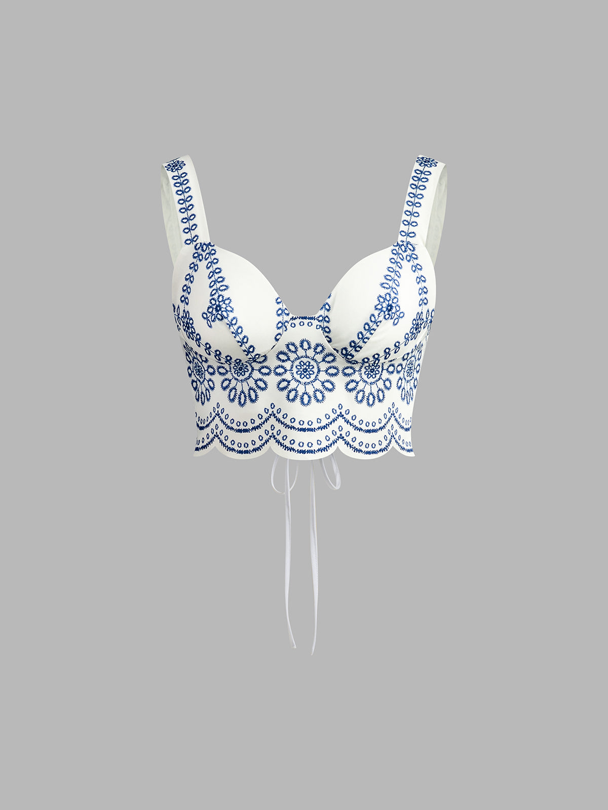 Blue-and-white embroidered linen bustier crop top with scalloped floral edging